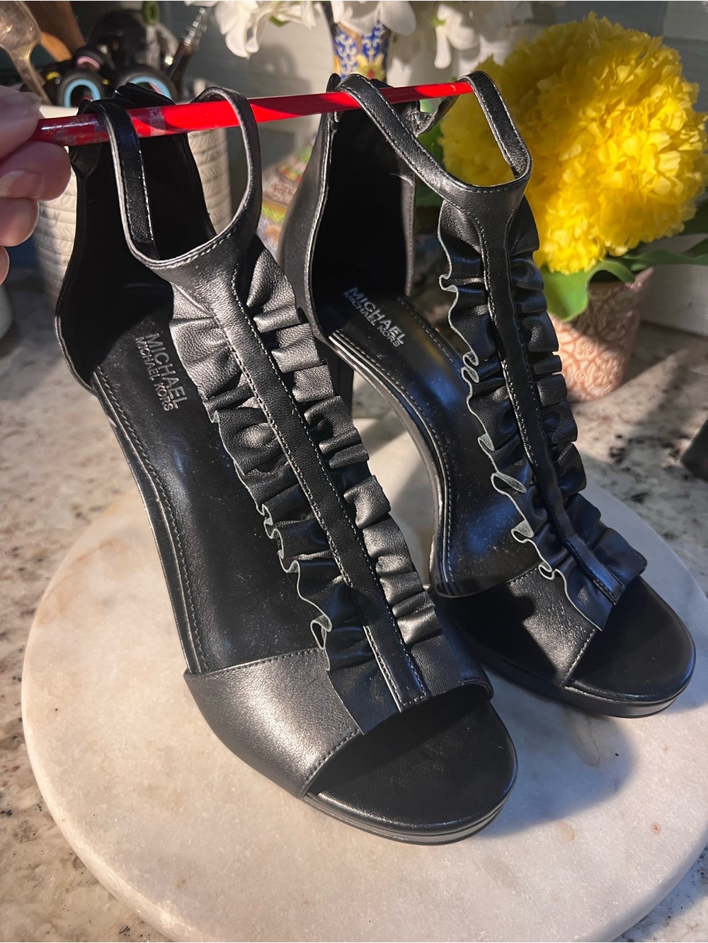 Michael Michael Kors Black Ruffle T-Strap Heeled Sandals. NEW!!